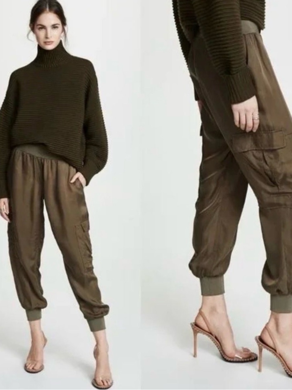 Cinq A Sept Giles Joggers Womens Satin Pants Cargo Pocket Olive Green